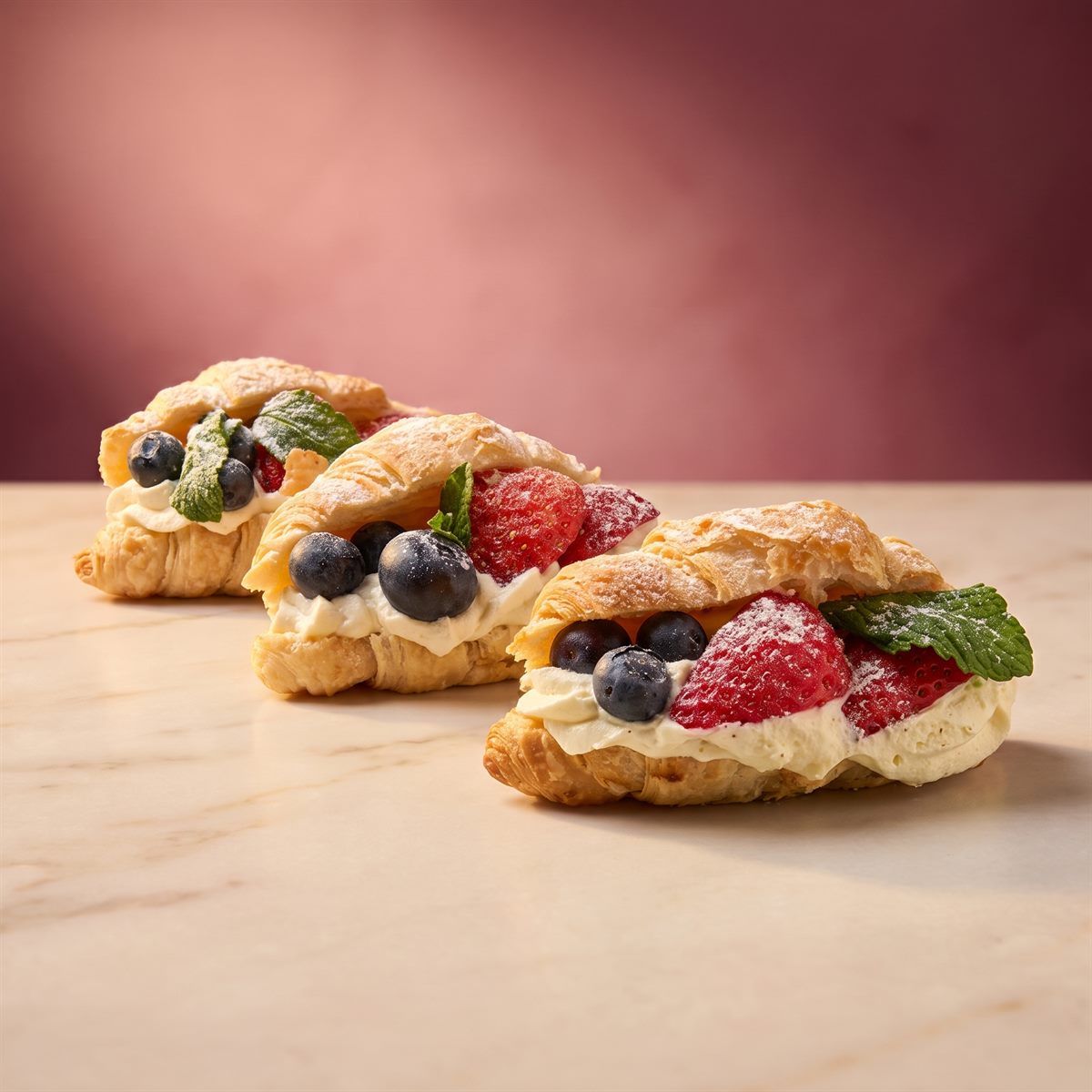 Croissanty plněné šlehačkou, jahodami, borůvkami a mátou, posypané moučkovým cukrem
